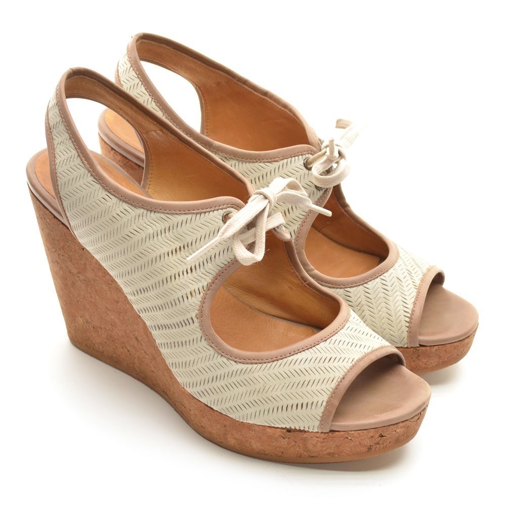 Coclico Lino Cream Leather Slingback Wedge Sandals Heels 40